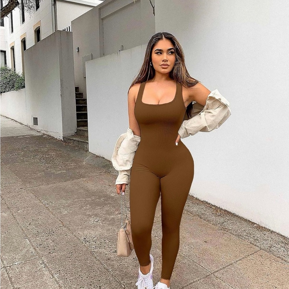 Brown Ribbed Jumpsuit - Picture 3 of 3